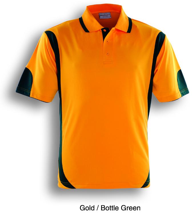 Gold / Bottle, Breezeway Contrast  Polo Shirt      UPF: excellent protection     160gsm, 100% breezeway polyester fabric     Breathable  micromesh fabric     Draws Sweat from Body, Quick Dry